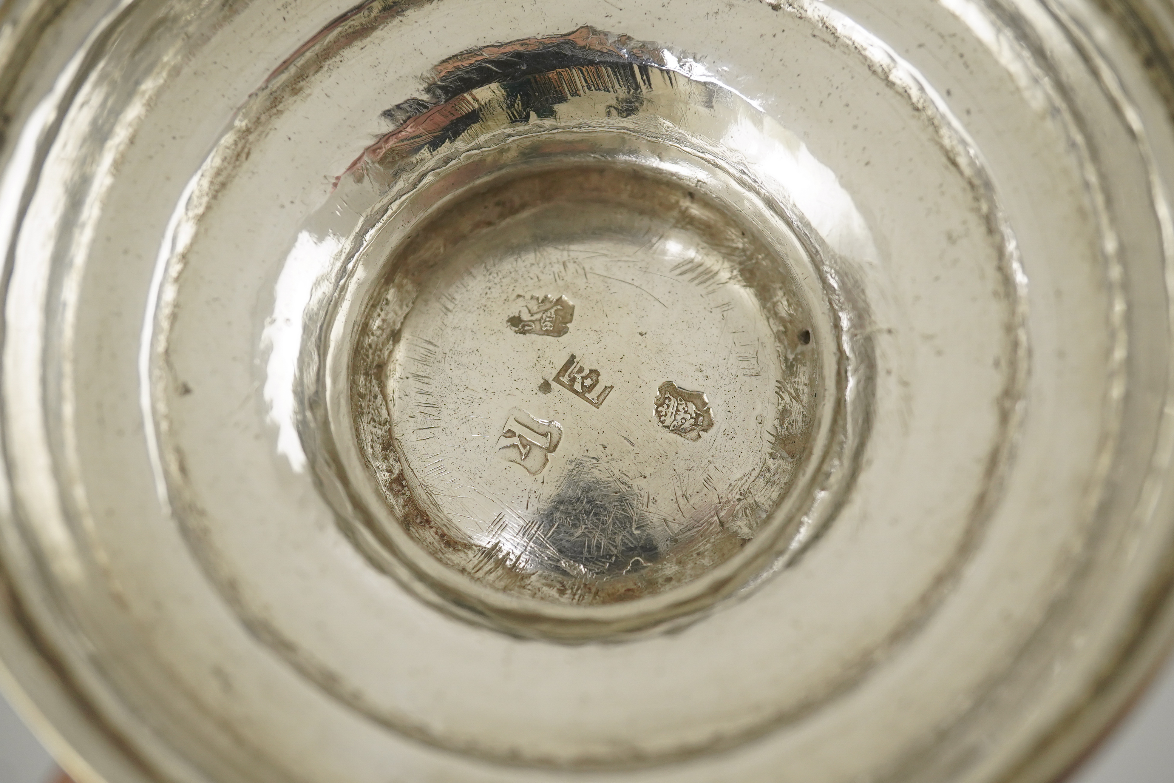 A George II silver loving cup with later floral embossed decoration, maker's initials RI, London, 1745